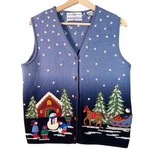 Vtg Marisa Christina Christmas Collection Blue Boiled wool Sweater Vest Womens S